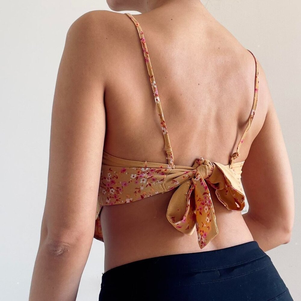 Tan beige backless crop top with pink flowers bow tie back  | Size S